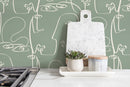 Modern Line Art Wallpaper Featuring Abstract Faces in Green and White - D493