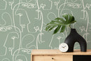 Modern Line Art Wallpaper Featuring Abstract Faces in Green and White - D493