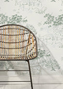 Japanese Minimalist Wallpaper with a Serene Deer and Forest Motif in Sage Green and Cream - D498