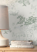 Japanese Minimalist Wallpaper with a Serene Deer and Forest Motif in Sage Green and Cream - D498