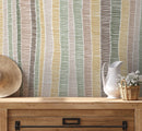 Abstract Wallpaper with Hand-Drawn Vertical Stripes in Green, Brown, and Yellow - D510