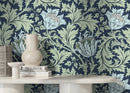 Arts and Crafts Wallpaper with Stylized Tulips in Navy Blue and Sage Green - D516