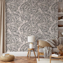 Floral Wallpaper with an Engraved Peony Motif in Taupe and Beige - D518