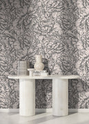 Floral Wallpaper with an Engraved Peony Motif in Taupe and Beige - D518