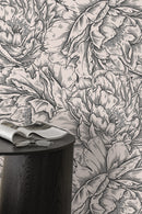 Floral Wallpaper with an Engraved Peony Motif in Taupe and Beige - D518