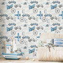 Transportation Wallpaper with Vintage Airplanes and Cars in Blue and Gray - D527