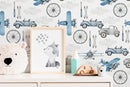 Transportation Wallpaper with Vintage Airplanes and Cars in Blue and Gray - D527