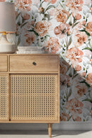 Floral Wallpaper Featuring Watercolor Peonies in Peach, Green, and White - D530