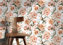 Floral Wallpaper Featuring Watercolor Peonies in Peach, Green, and White - D530