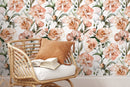Floral Wallpaper Featuring Watercolor Peonies in Peach, Green, and White - D530