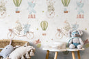 Circus Wallpaper with Watercolor Animals in Blue, Green, and Pink - D531