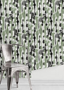 Abstract Wallpaper with Vertical Modern Brushstroke Motifs in Black and Green - D537