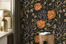 Boho Floral Wallpaper with Stylized Blooms in Orange, Green, and Black - D153