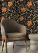 Boho Floral Wallpaper with Stylized Blooms in Orange, Green, and Black - D153