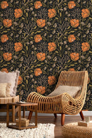 Boho Floral Wallpaper with Stylized Blooms in Orange, Green, and Black - D153