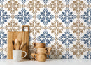 Tile Wallpaper with an Ornamental Damask Motif in Blue and Beige - D169