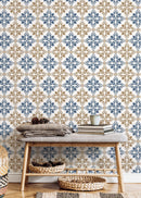 Tile Wallpaper with an Ornamental Damask Motif in Blue and Beige - D169