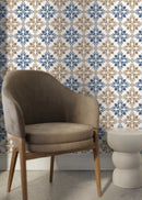 Tile Wallpaper with an Ornamental Damask Motif in Blue and Beige - D169