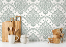 Vintage Wallpaper with an Ornate Scalloped Damask in Light Green - D196