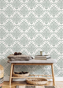 Vintage Wallpaper with an Ornate Scalloped Damask in Light Green - D196