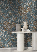 Art Nouveau Wallpaper with Ornamental Acanthus Vines in Blue and Brown - D489