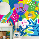 Abstract Wallpaper Featuring Graphic Flowers in Blue, Pink, and Yellow - D553