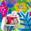 Abstract Wallpaper Featuring Graphic Flowers in Blue, Pink, and Yellow - D553