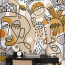 Modern Abstract Wallpaper with Continuous Line Art Faces in Beige, Ochre, and Black - D554