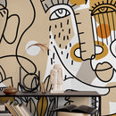 Modern Abstract Wallpaper with Continuous Line Art Faces in Beige, Ochre, and Black - D554