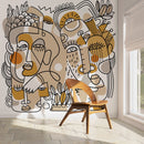 Modern Abstract Wallpaper with Continuous Line Art Faces in Beige, Ochre, and Black - D554