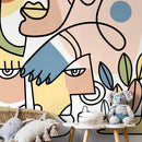 Abstract Wallpaper with Modern Line Art Faces in Green, Blue, and Peach - D555