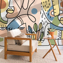 Abstract Wallpaper with Modern Line Art Faces in Green, Blue, and Peach - D555
