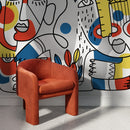 Modern Wallpaper with Bold Line Art Faces in Yellow, Red, and Blue - D556