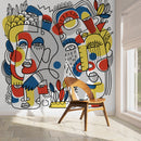 Modern Wallpaper with Bold Line Art Faces in Yellow, Red, and Blue - D556