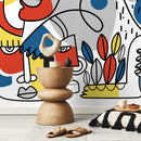 Modern Wallpaper with Bold Line Art Faces in Yellow, Red, and Blue - D556