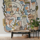 Modern Wallpaper with Continuous Line Art Faces in Blue, Green, and Terracotta - D558