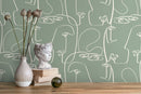 Modern Line Art Wallpaper Featuring Abstract Faces in Green and White - D493