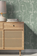 Modern Line Art Wallpaper Featuring Abstract Faces in Green and White - D493