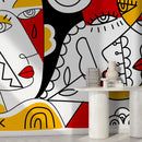 Modern Wallpaper with a Cubist Face Mural in Red, Yellow, and Black - D563