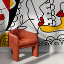 Modern Wallpaper with a Cubist Face Mural in Red, Yellow, and Black - D563