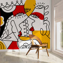 Modern Wallpaper with a Cubist Face Mural in Red, Yellow, and Black - D563