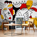 Modern Wallpaper with a Cubist Face Mural in Red, Yellow, and Black - D563