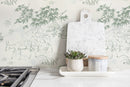 Japanese Minimalist Wallpaper with a Serene Deer and Forest Motif in Sage Green and Cream - D498