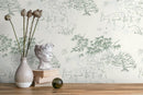 Japanese Minimalist Wallpaper with a Serene Deer and Forest Motif in Sage Green and Cream - D498