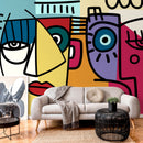 Cubism Wallpaper with Abstract Faces in Yellow, Blue, and Red - D566
