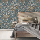 Art Nouveau Wallpaper with Ornamental Acanthus Vines in Blue and Brown - D489