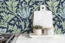 Arts and Crafts Wallpaper with Stylized Tulips in Navy Blue and Sage Green - D516
