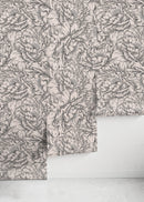 Floral Wallpaper with an Engraved Peony Motif in Taupe and Beige - D518