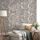 Floral Wallpaper with an Engraved Peony Motif in Taupe and Beige - D518