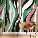 Abstract Wallpaper with Flowing Organic Waves in Green, Pink, and Black - D611